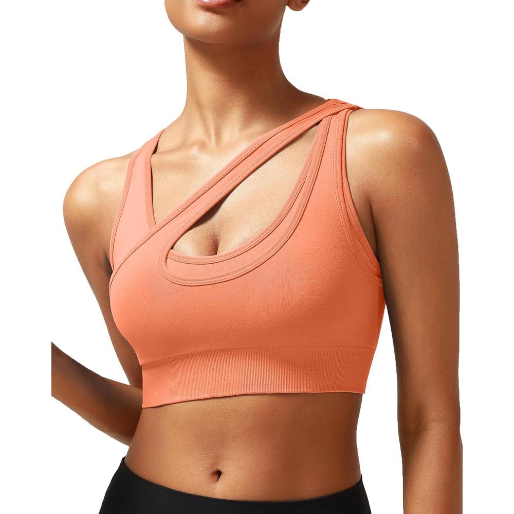 imageRUNNING GIRL Sports Bras for Women High SupportSeamless Ribbed Longline High Neck Sports Bra Racerback Padded Crop Top YogaBlight Orange