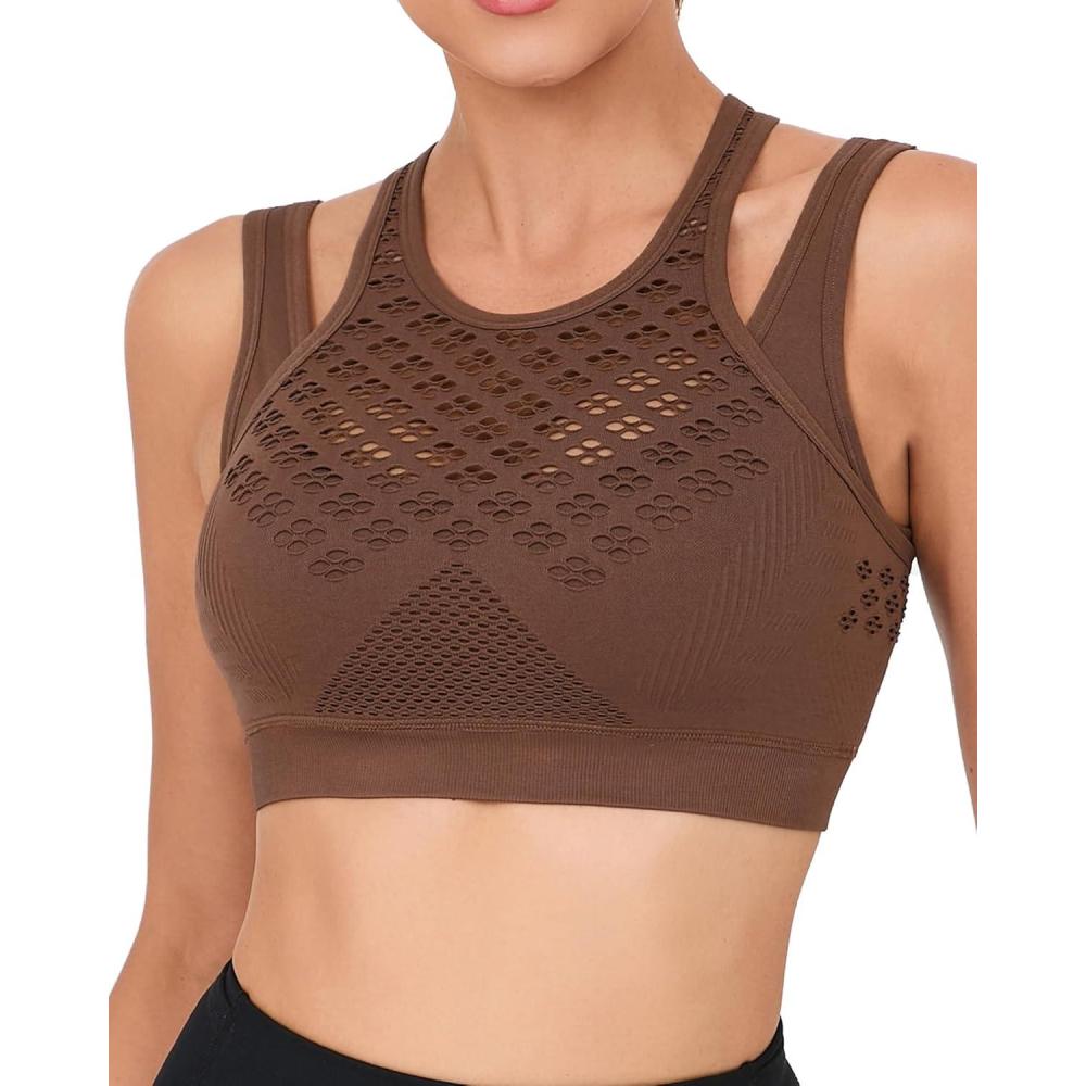 imageRUNNING GIRL Sports Bras for Women High SupportSeamless Ribbed Longline High Neck Sports Bra Racerback Padded Crop Top YogaBrown