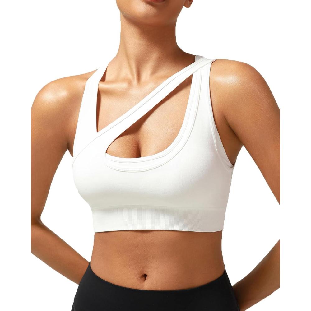 imageRUNNING GIRL Sports Bras for Women High SupportSeamless Ribbed Longline High Neck Sports Bra Racerback Padded Crop Top YogaBwhite