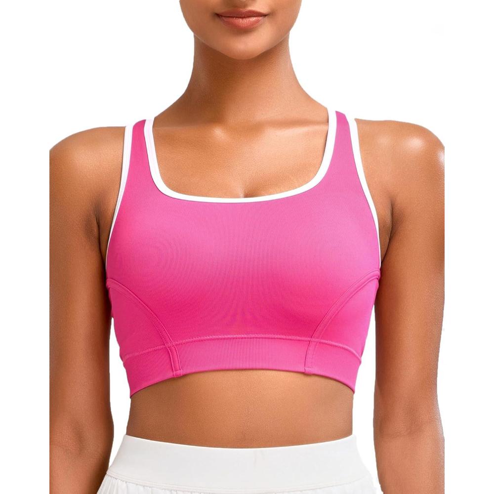 imageRUNNING GIRL Sports Bras for Women High SupportSeamless Ribbed Longline High Neck Sports Bra Racerback Padded Crop Top YogaChot Pink