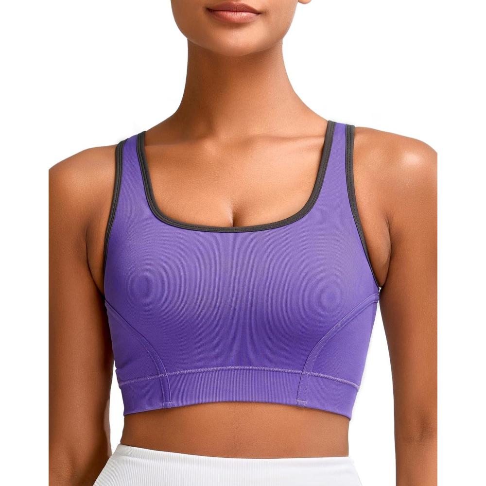 imageRUNNING GIRL Sports Bras for Women High SupportSeamless Ribbed Longline High Neck Sports Bra Racerback Padded Crop Top YogaCpurple