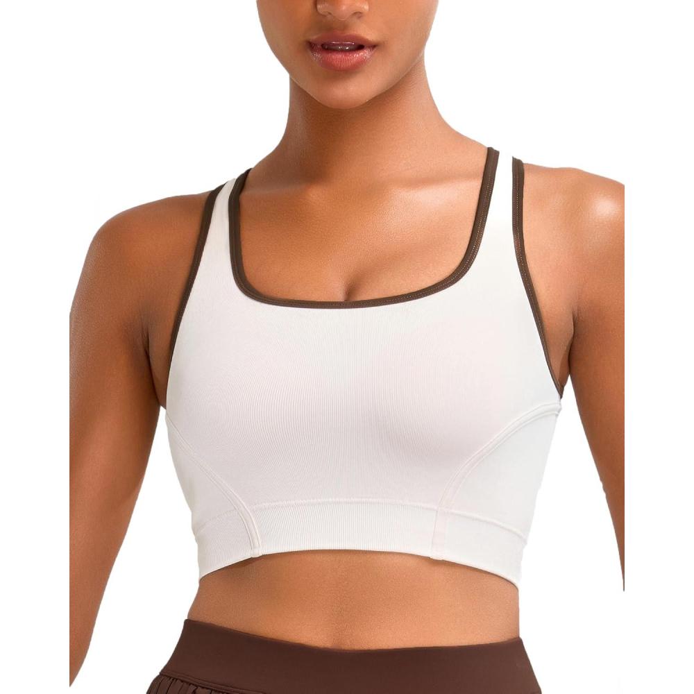imageRUNNING GIRL Sports Bras for Women High SupportSeamless Ribbed Longline High Neck Sports Bra Racerback Padded Crop Top YogaCwhite