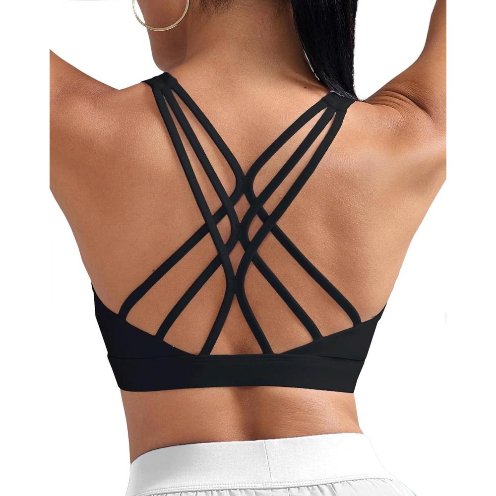 imageRUNNING GIRL Sports Bras for Women Medium Support CrissCross Strappy Sports Bra Workout Yoga Bra with Removable CupsBlack