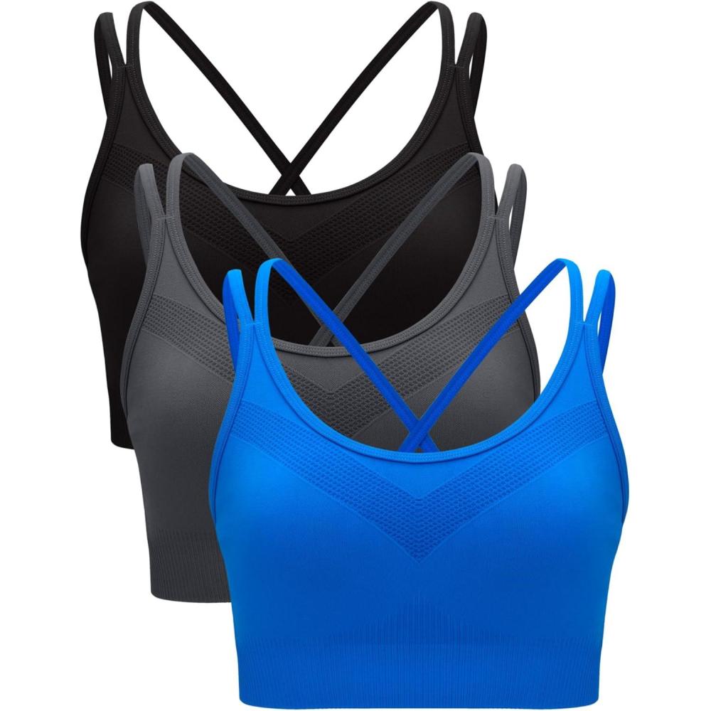 imageRUNNING GIRL Sports Bras for Women Pack Criss Cross Back Sexy Strappy Sports Bra Seamless Padded Yoga Bra with Removable Cups3040 BlackGreyBlue