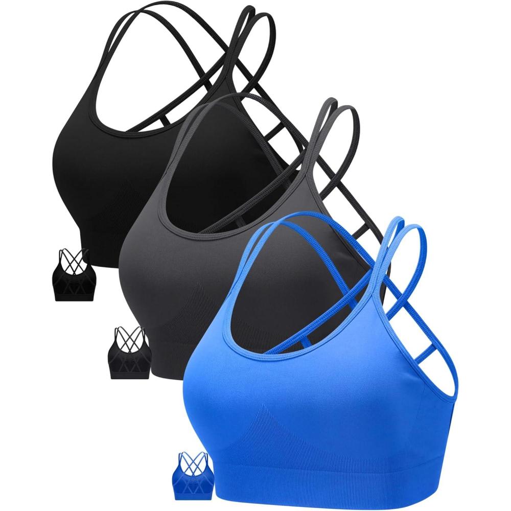 imageRUNNING GIRL Sports Bras for Women Pack Criss Cross Back Sexy Strappy Sports Bra Seamless Padded Yoga Bra with Removable Cups3pack BlackGreyBlue