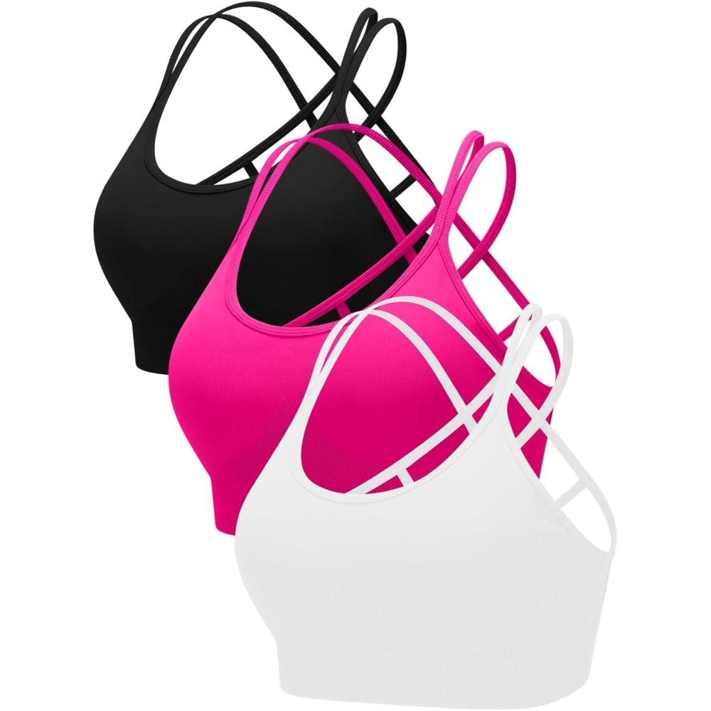 imageRUNNING GIRL Sports Bras for Women Pack Criss Cross Back Sexy Strappy Sports Bra Seamless Padded Yoga Bra with Removable Cups3pack BlackPinkWhite