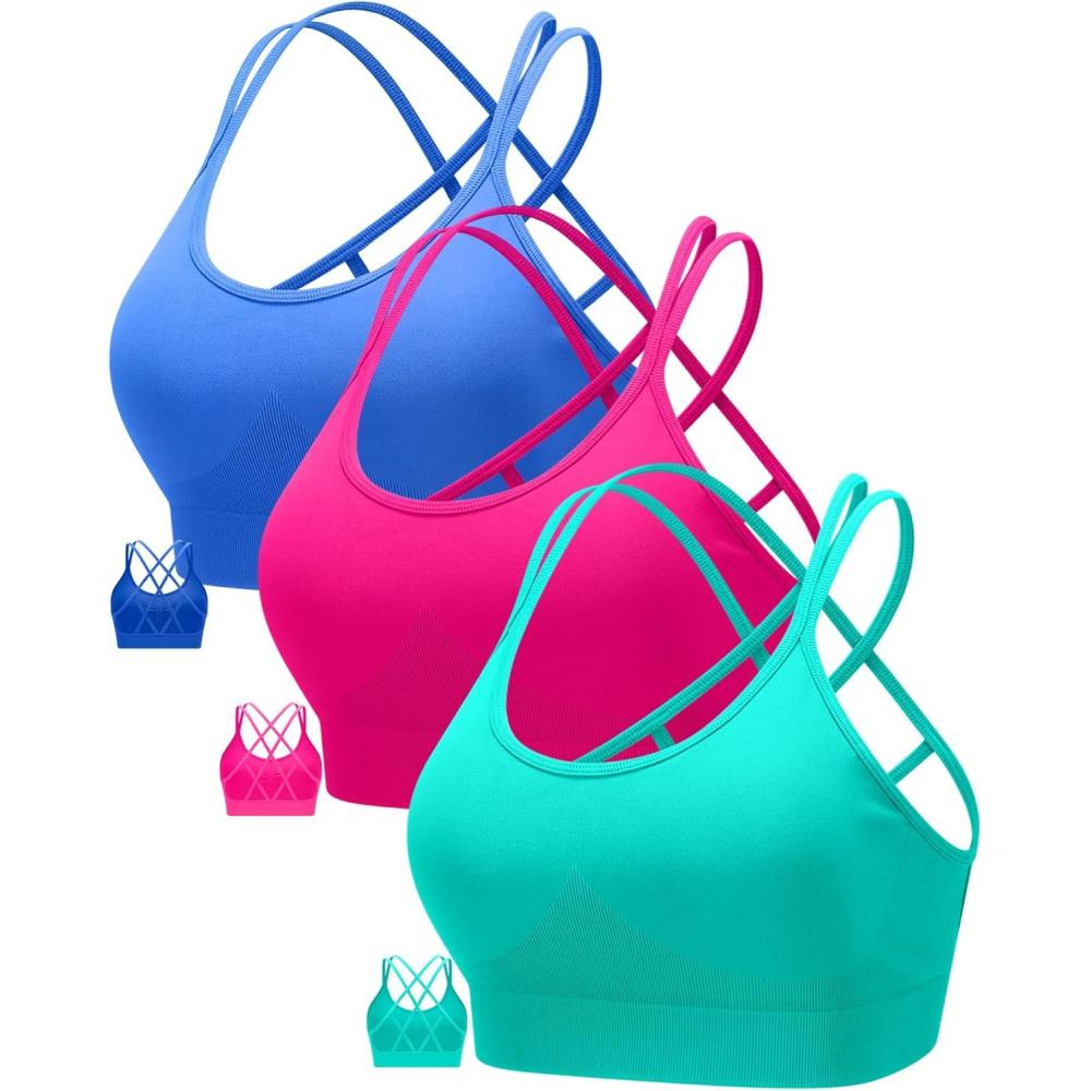 imageRUNNING GIRL Sports Bras for Women Pack Criss Cross Back Sexy Strappy Sports Bra Seamless Padded Yoga Bra with Removable Cups3pack GreenPinkBlue
