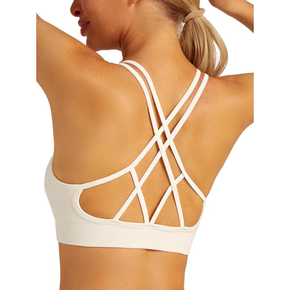 imageRUNNING GIRL Sports Bras for Women Pack Criss Cross Back Sexy Strappy Sports Bra Seamless Padded Yoga Bra with Removable CupsWhisper White