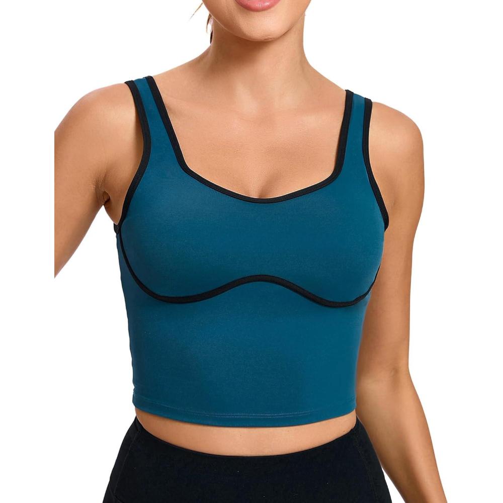 imageRUNNING GIRL Sports Bras for WomenLongline Workout Crop Tank Tops Padded with Built in Shelf Padded Sports BraDark Blue