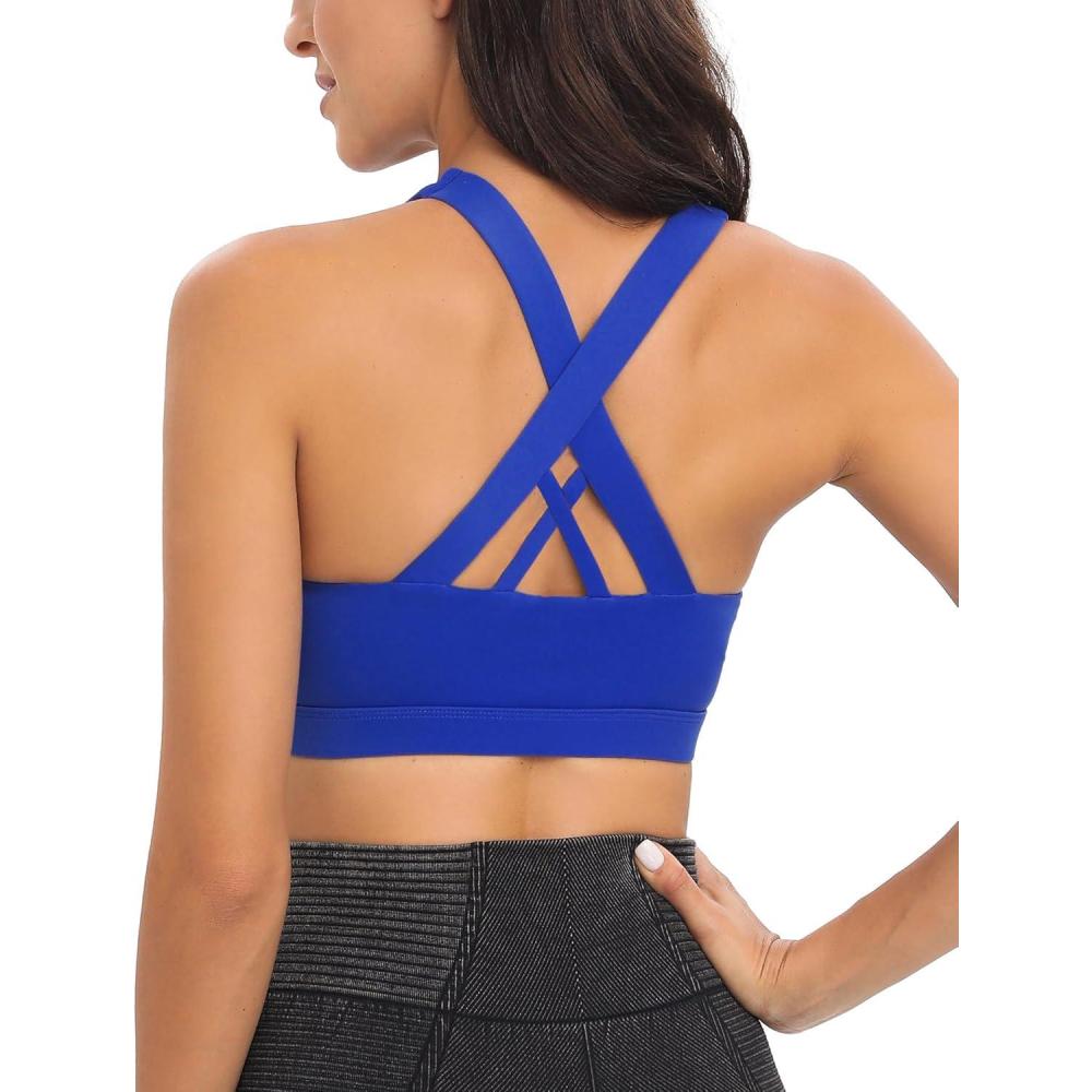 imageRUNNING GIRL Sports Bras for WomenPadded Strappy Sports Bras CrissCross Back Medium Support Sports Bras with Removable CupsAbright Blue