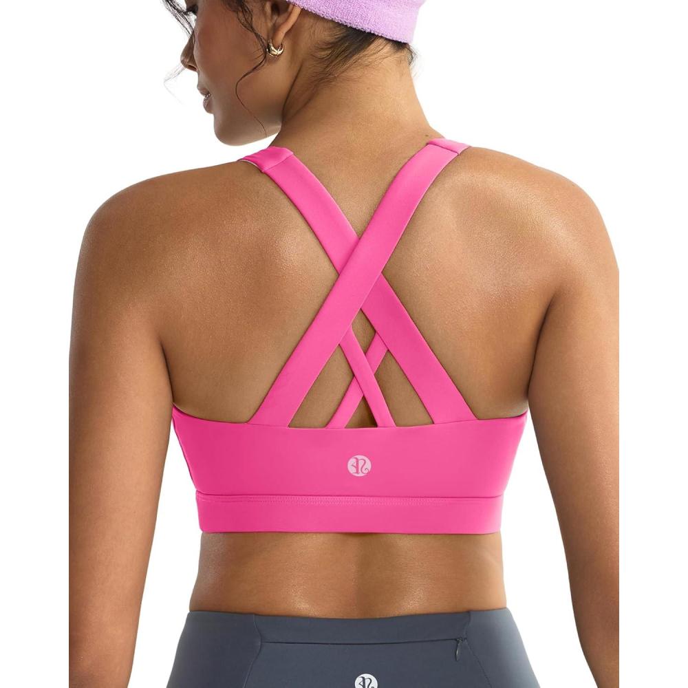 imageRUNNING GIRL Sports Bras for WomenPadded Strappy Sports Bras CrissCross Back Medium Support Sports Bras with Removable CupsAbrilliant Pink