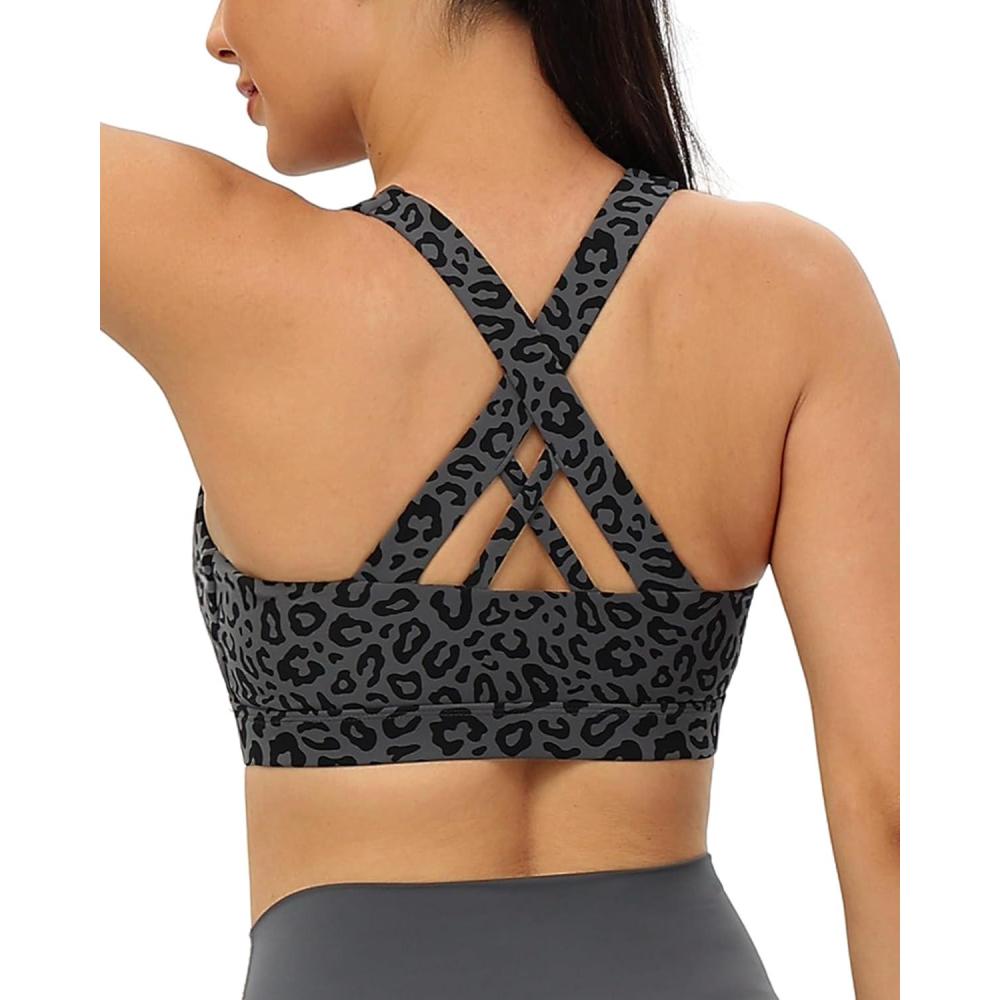 imageRUNNING GIRL Sports Bras for WomenPadded Strappy Sports Bras CrissCross Back Medium Support Sports Bras with Removable CupsAleopard Print