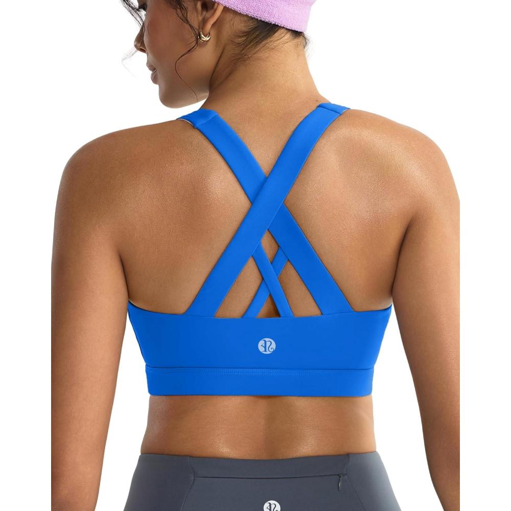 imageRUNNING GIRL Sports Bras for WomenPadded Strappy Sports Bras CrissCross Back Medium Support Sports Bras with Removable CupsAsparkle Blue