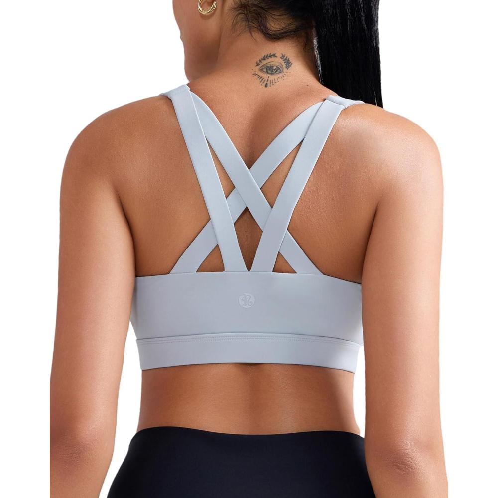 imageRUNNING GIRL Sports Bras for WomenPadded Strappy Sports Bras CrissCross Back Medium Support Sports Bras with Removable CupsBice Grey