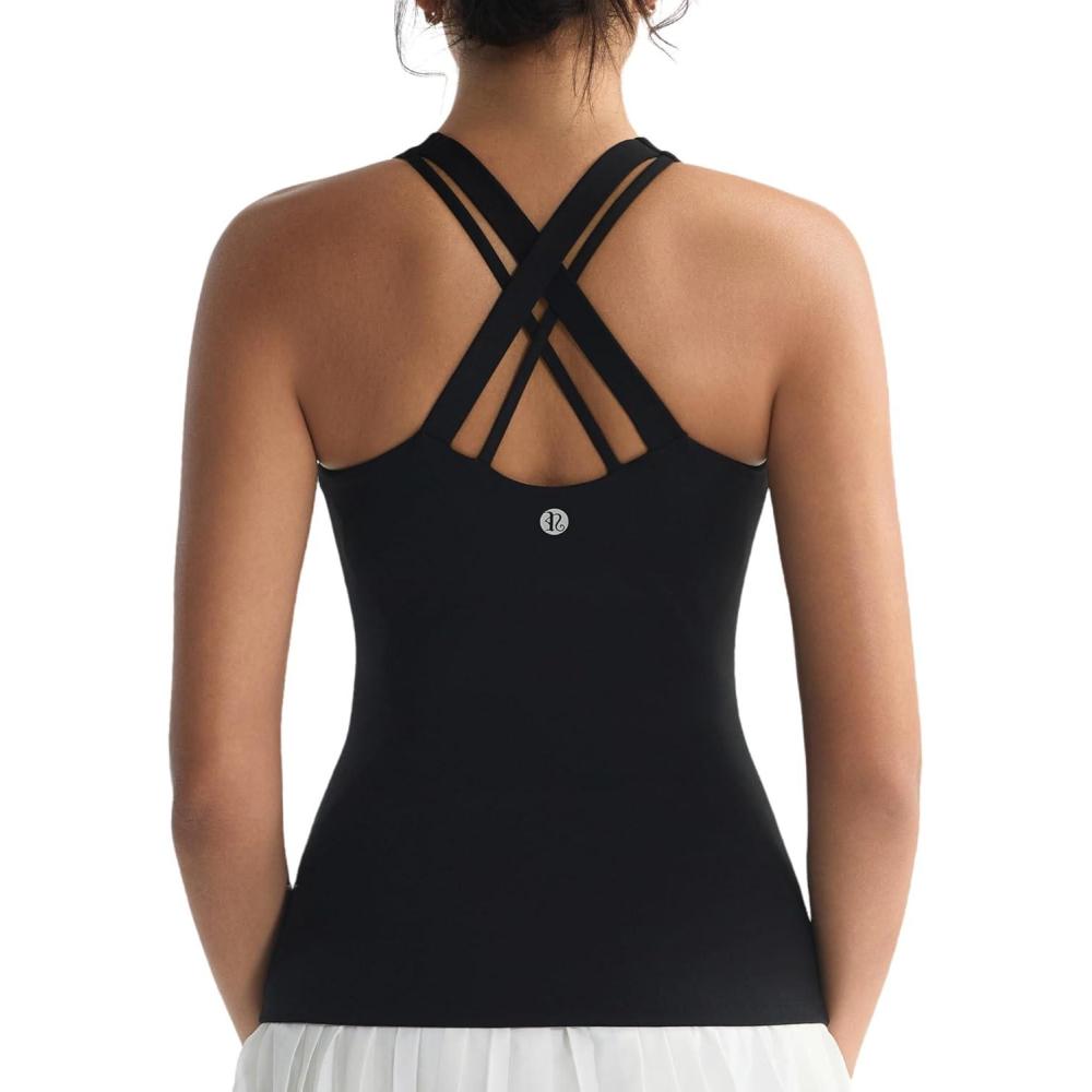 imageRUNNING GIRL Tank top with Built in Bra for WomenCompression Shirts Crisscross Back Workout Yoga TopsBlack