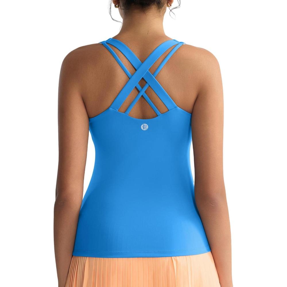 imageRUNNING GIRL Tank top with Built in Bra for WomenCompression Shirts Crisscross Back Workout Yoga TopsBright Blue
