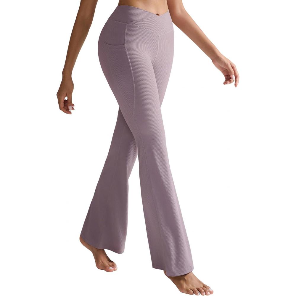 imageRUNNING GIRL Womens Ribbed V Crossover High Waist Yoga Pants Flare Leggings for Women with Side PocketsForest Rose