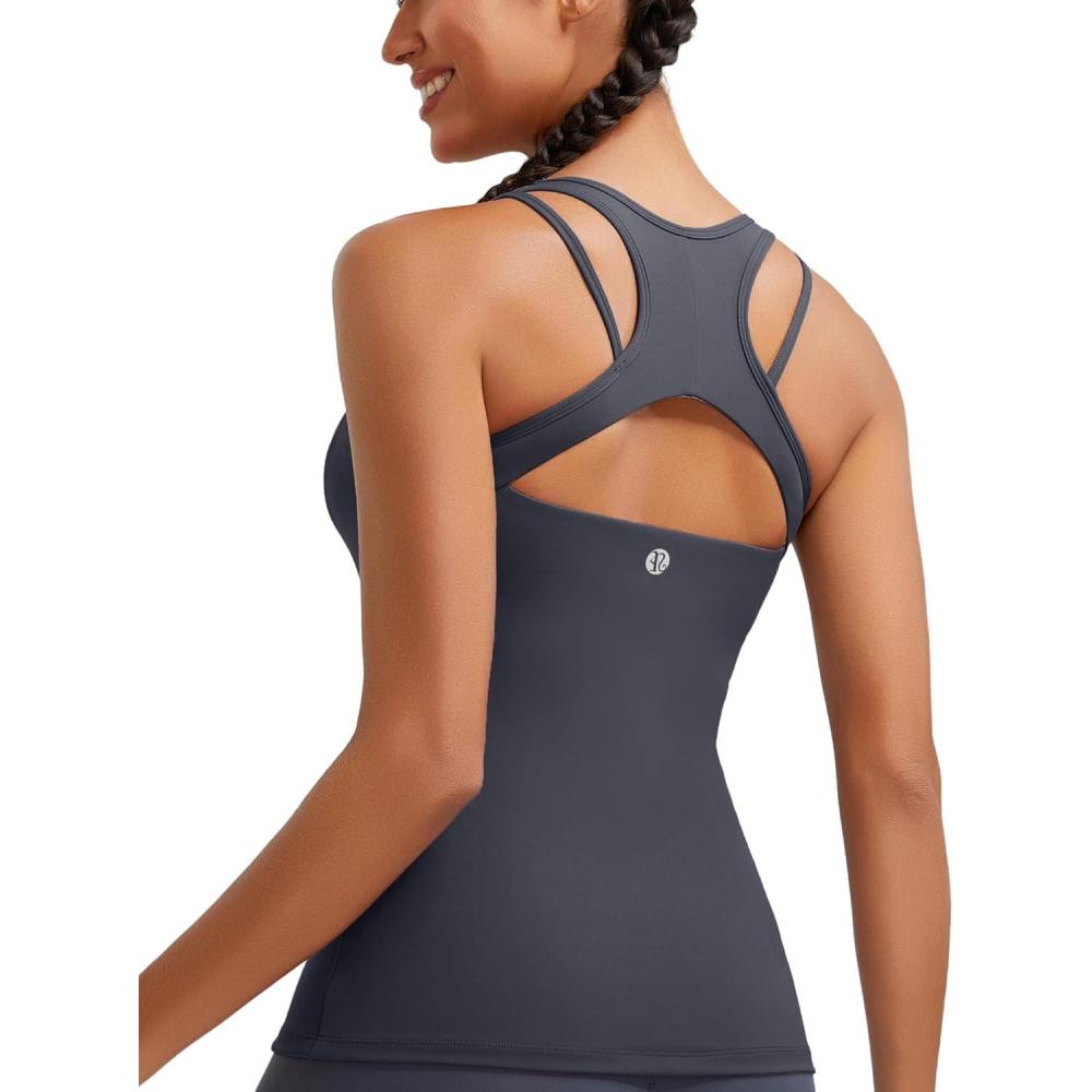 imageRUNNING GIRL Workout Tank Tops with Built in Bras for WomenCompression Shirt Strappy Back Athletic Yoga TopsAdark Grey