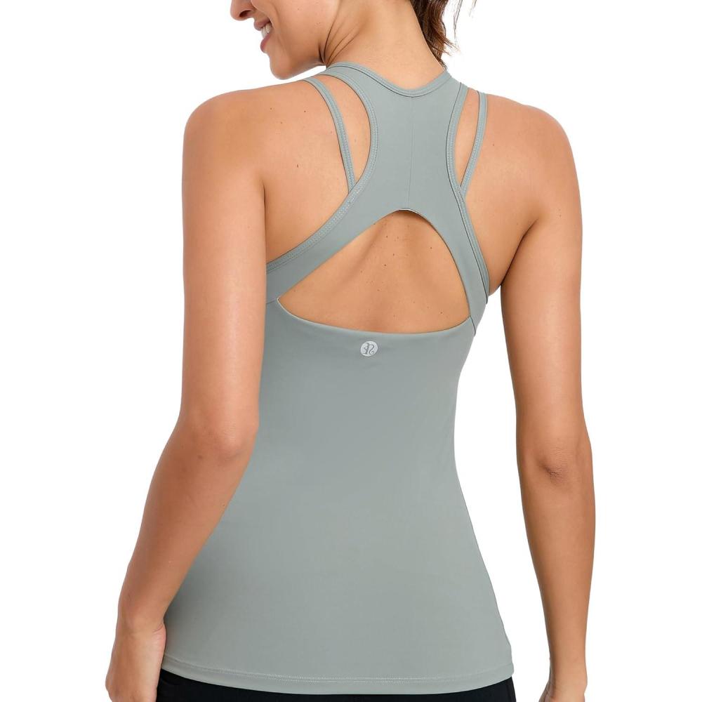 imageRUNNING GIRL Workout Tank Tops with Built in Bras for WomenCompression Shirt Strappy Back Athletic Yoga TopsAice Grey