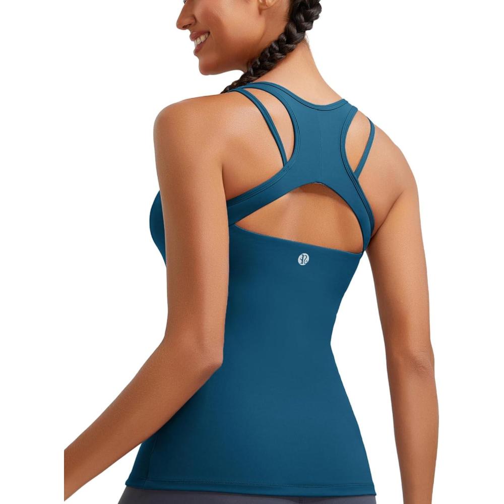 imageRUNNING GIRL Workout Tank Tops with Built in Bras for WomenCompression Shirt Strappy Back Athletic Yoga TopsAnavy Blue