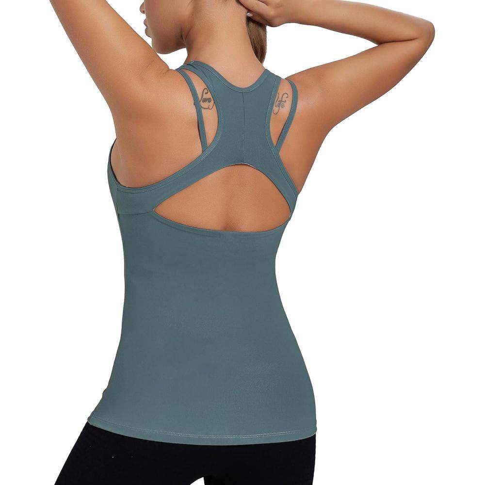 imageRUNNING GIRL Workout Tank Tops with Built in Bras for WomenCompression Shirt Strappy Back Athletic Yoga TopsAteal Lagoon
