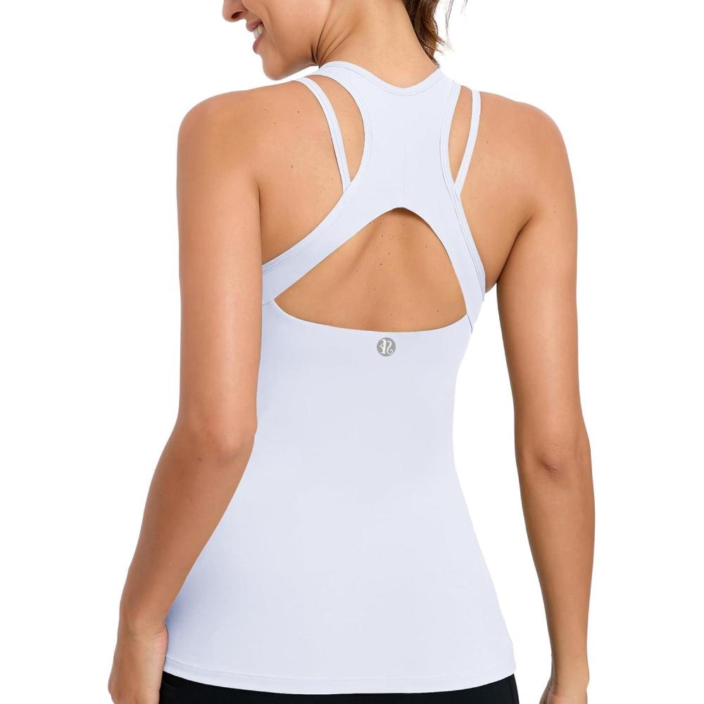 imageRUNNING GIRL Workout Tank Tops with Built in Bras for WomenCompression Shirt Strappy Back Athletic Yoga TopsAwhite