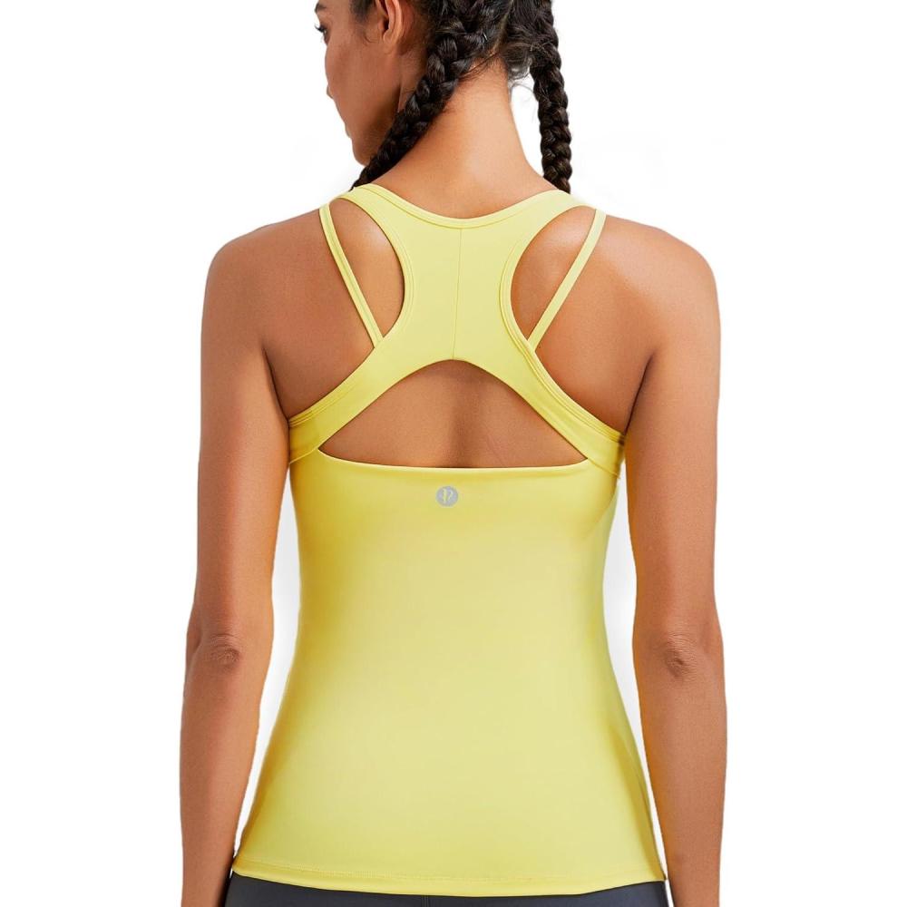 imageRUNNING GIRL Workout Tank Tops with Built in Bras for WomenCompression Shirt Strappy Back Athletic Yoga TopsAyellow