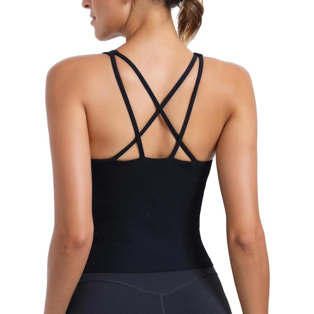 imageRUNNING GIRL Workout Tank Tops with Built in Bras for WomenCrissCross Back Medium Support Sports Bras for WomenBlack