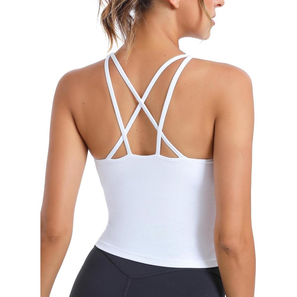imageRUNNING GIRL Workout Tank Tops with Built in Bras for WomenCrissCross Back Medium Support Sports Bras for WomenWhite