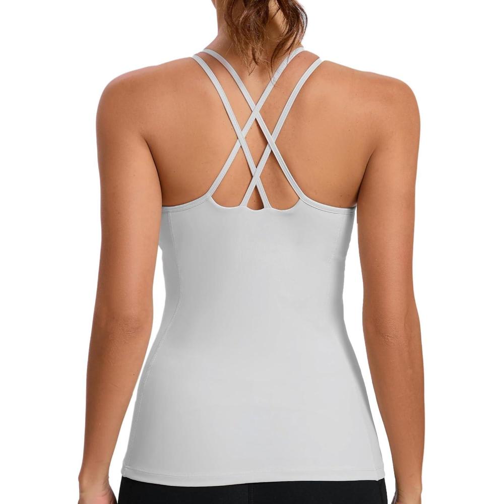imageRUNNING GIRL Yoga Tank Tops for Women Built in Shelf Bra BC Cups Strappy Back Activewear Workout Compression TopsCice Grey