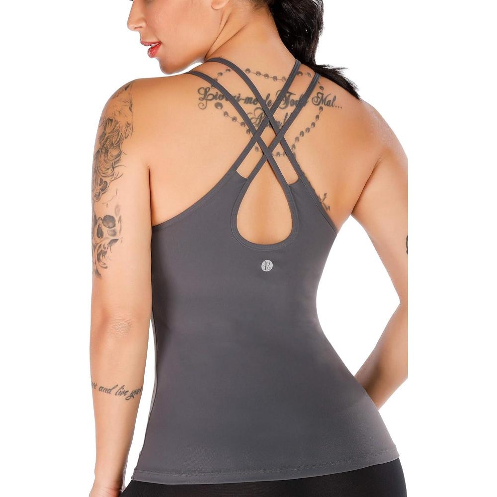 imageRUNNING GIRL Yoga Tank Tops for Women Built in Shelf Bra BC Cups Strappy Back Activewear Workout Compression TopsDgrey