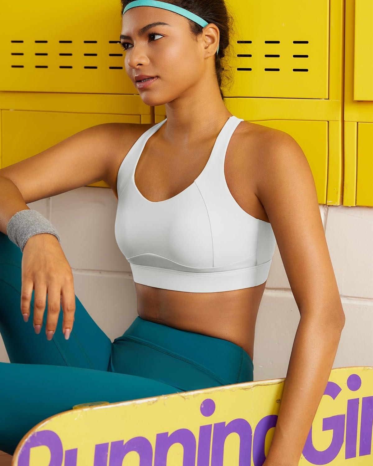 imageRUNNING GIRL High Impact Sports Bras for Women Adjustable Straps Sports Bra High Support Molded Cup Racerback Workout BraAwhite