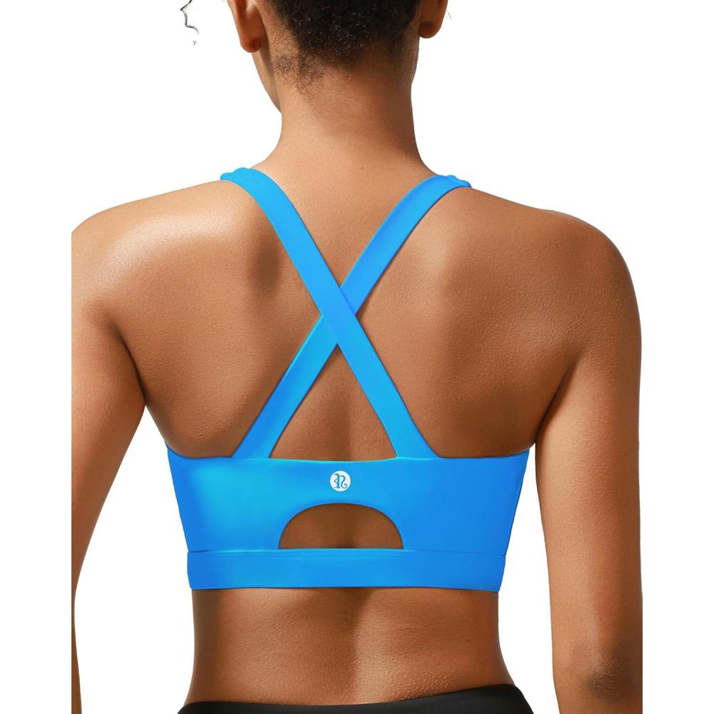 imageRUNNING GIRL Sports Bra for Women High SupportMolded Cup Strappy Running Sports Bras with Sewn in PadsBright Blue
