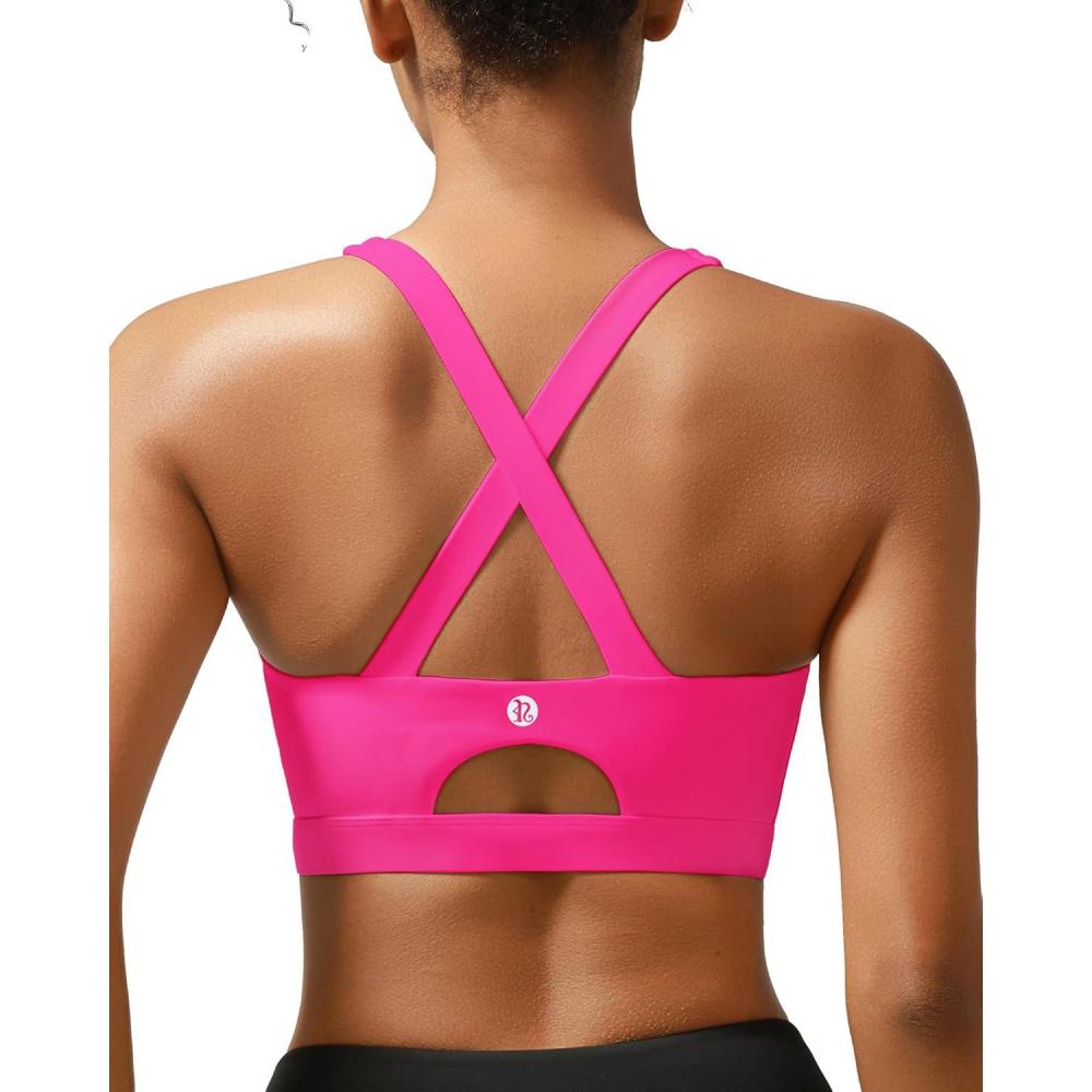 imageRUNNING GIRL Sports Bra for Women High SupportMolded Cup Strappy Running Sports Bras with Sewn in PadsHot Pink