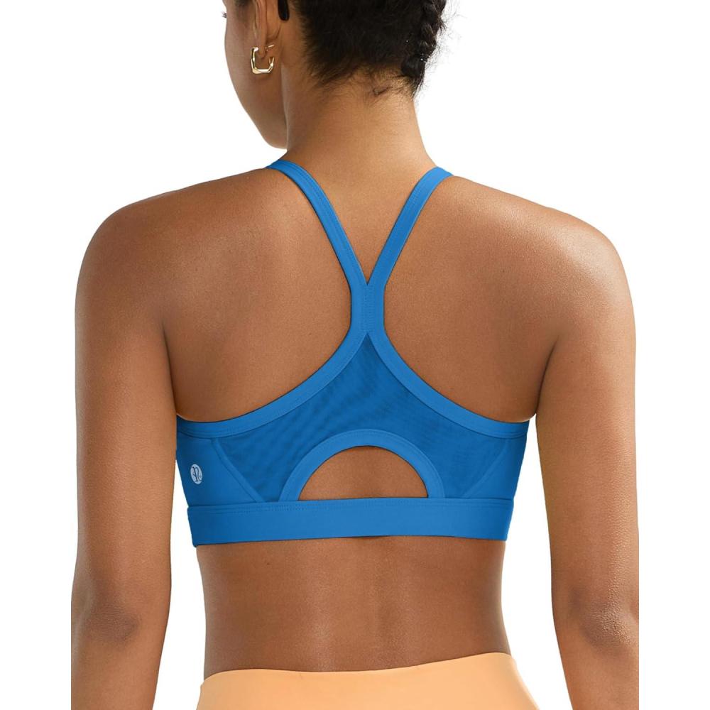 imageRunning GIRLSports Bra for WomenY Back Molded Cup Medium Impact Sports Bras for Women with Sewn in PadsDark Blue