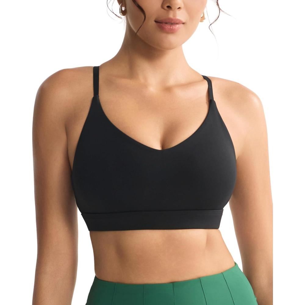 imageRUNNING GIRL VNeck Sports Bras for Women Adjustable Thin Straps Wireless Padded Yoga Top Low ImpactBlack