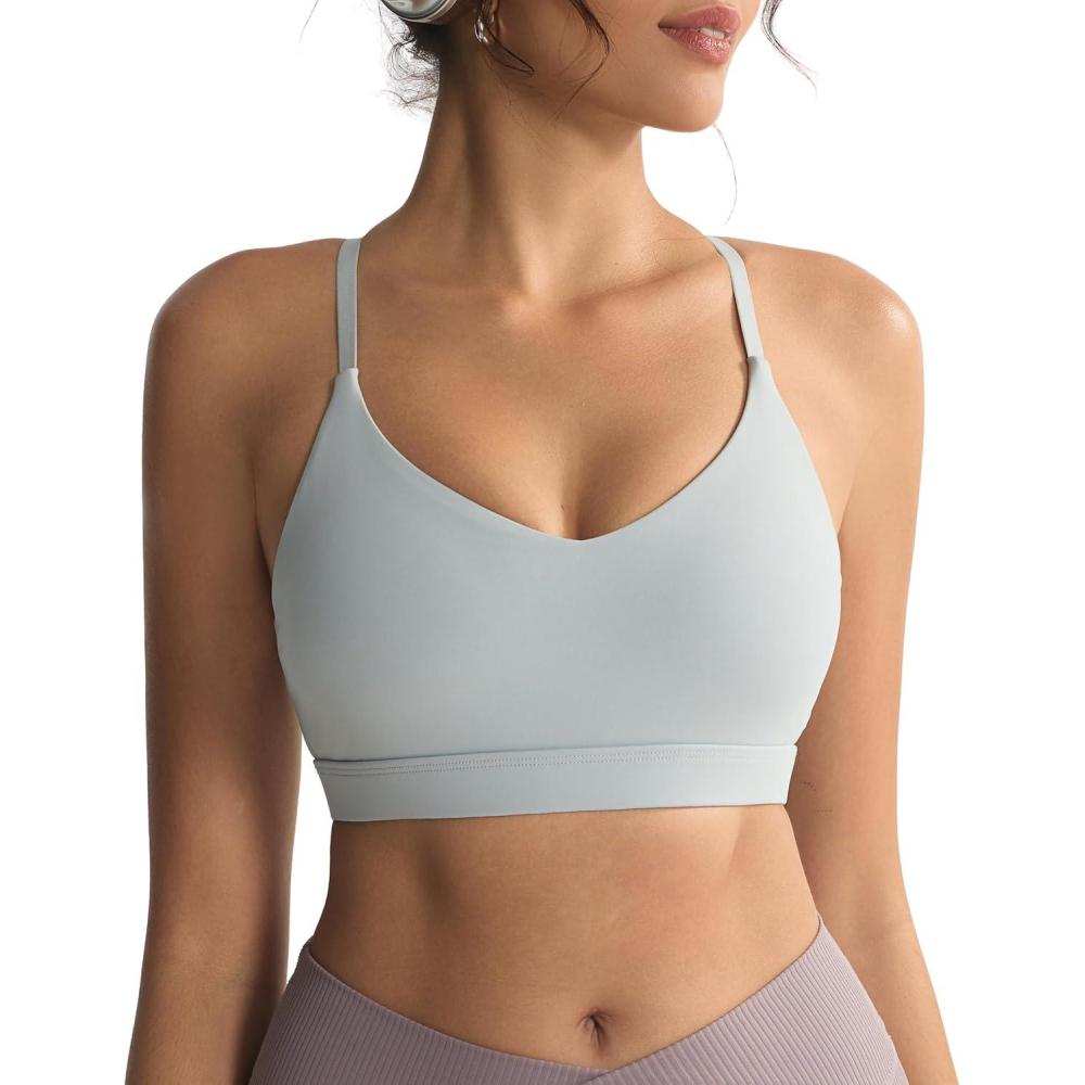 imageRUNNING GIRL VNeck Sports Bras for Women Adjustable Thin Straps Wireless Padded Yoga Top Low ImpactGrey