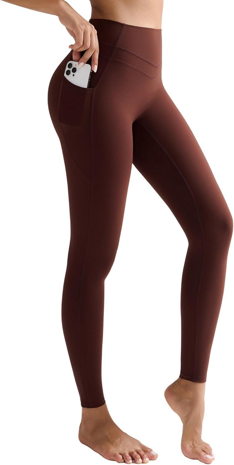 imageRUNNING GIRL Compression Leggings with Pockets for Women Tummy Control Leggings No Front Seam Workout High Waist Yoga PantsBrown