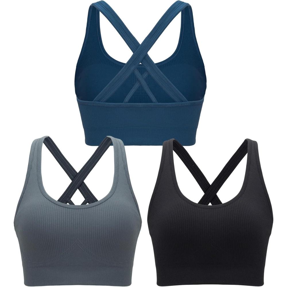 imageRUNNING GIRL Sports Bras for WomenSeamless Strappy Sports Bra High Support Crisscross Back with Removable PadsAblackgreydark Blue