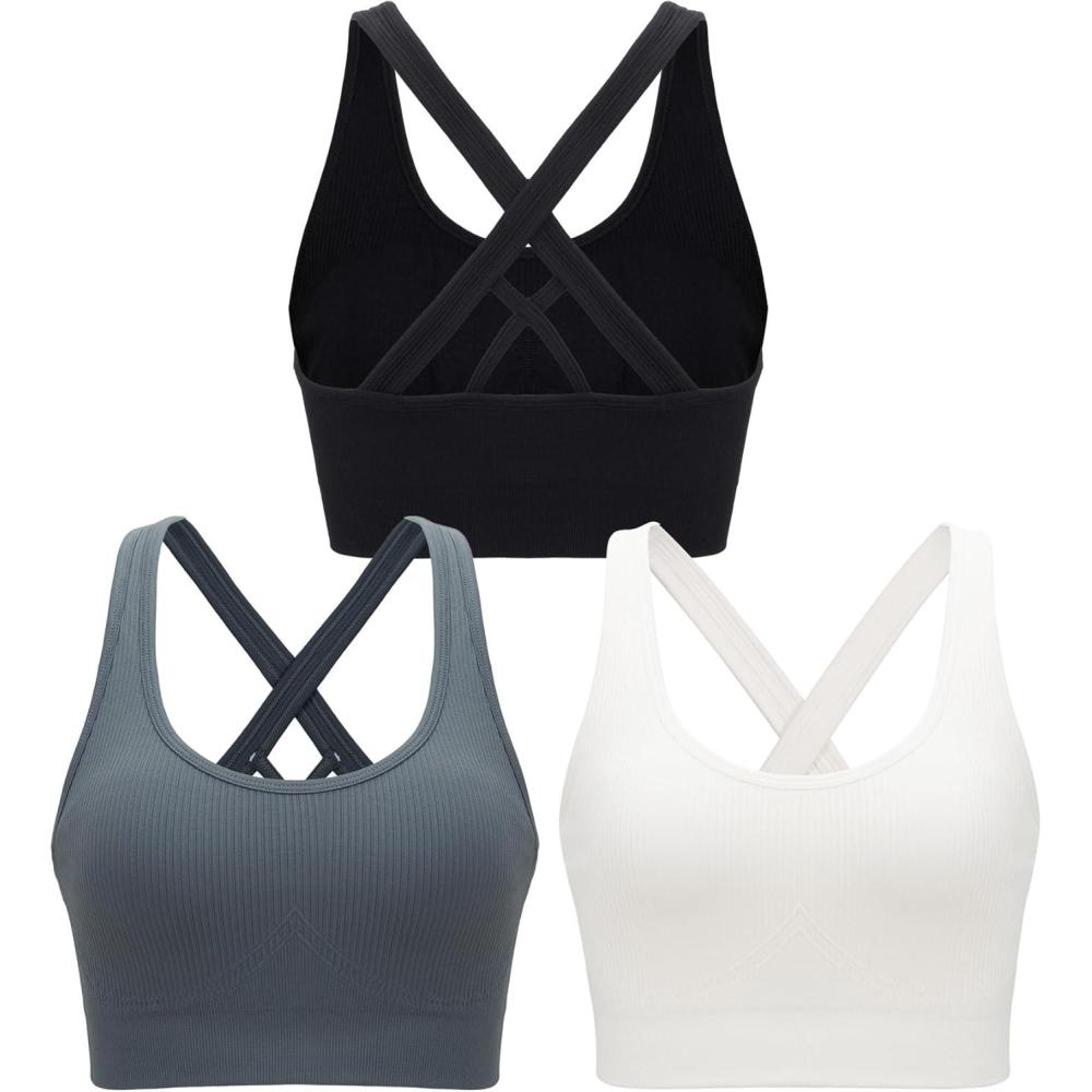 imageRUNNING GIRL Sports Bras for WomenSeamless Strappy Sports Bra High Support Crisscross Back with Removable PadsAblackgreywhite