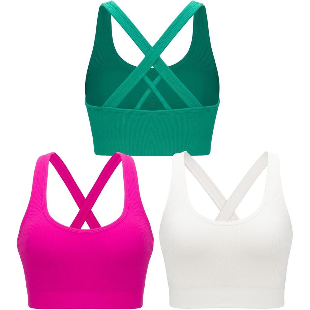 imageRUNNING GIRL Sports Bras for WomenSeamless Strappy Sports Bra High Support Crisscross Back with Removable PadsAwhitepinkgreen