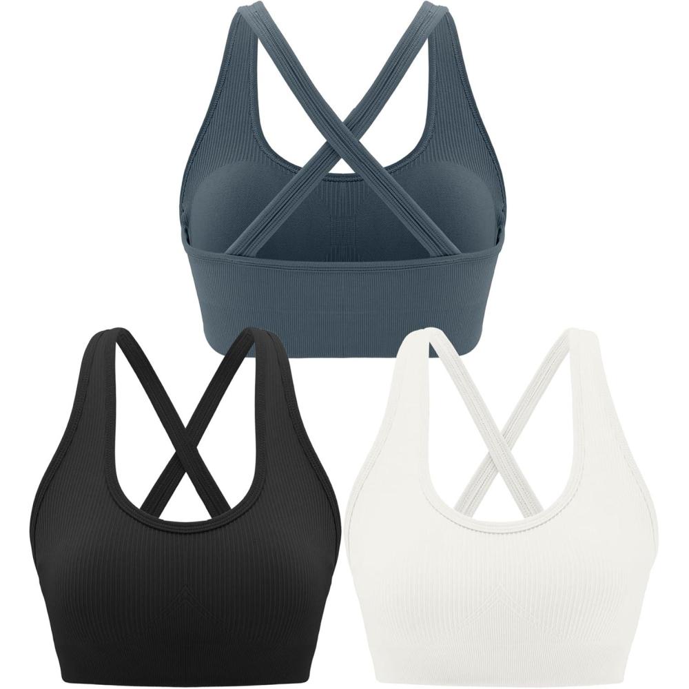 imageRUNNING GIRL Sports Bras for WomenSeamless Strappy Sports Bra High Support Crisscross Back with Removable PadsCblackgreywhite