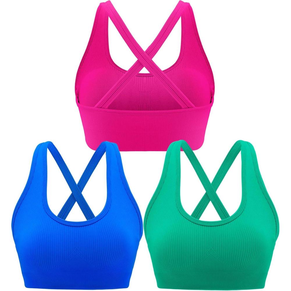 imageRUNNING GIRL Sports Bras for WomenSeamless Strappy Sports Bra High Support Crisscross Back with Removable PadsCbluepinkgreen