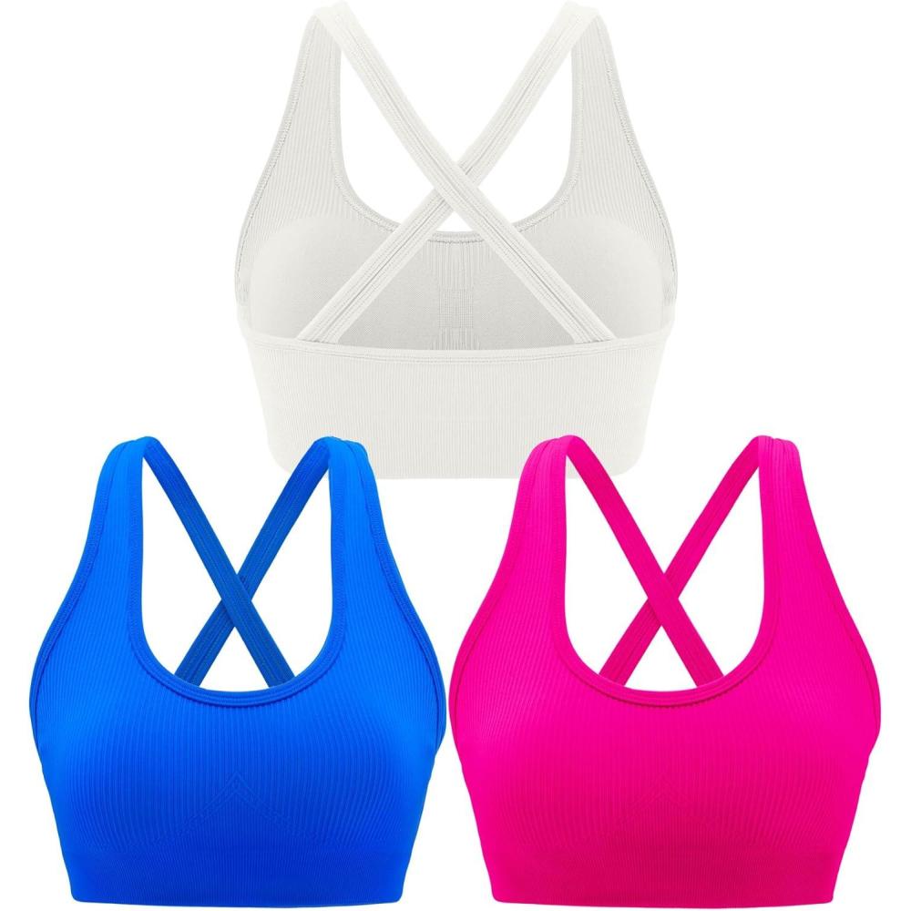 imageRUNNING GIRL Sports Bras for WomenSeamless Strappy Sports Bra High Support Crisscross Back with Removable PadsCpinkwhiteblue