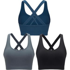 RUNNING GIRL Sports Bras for Women,Seamless Strappy Sports Bra High Support Crisscross Back with Removable Pads(A-black+grey+dark Blue)