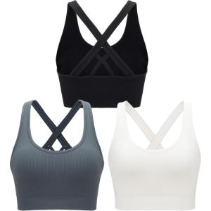 RUNNING GIRL Sports Bras for Women,Seamless Strappy Sports Bra High Support Crisscross Back with Removable Pads(A-black+grey+white)