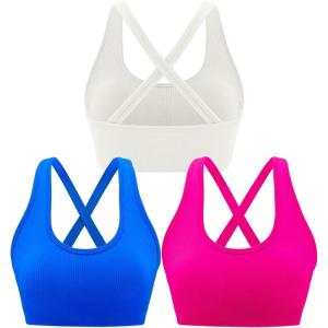 RUNNING GIRL Sports Bras for Women,Seamless Strappy Sports Bra High Support Crisscross Back with Removable Pads(C-pink+white+blue)
