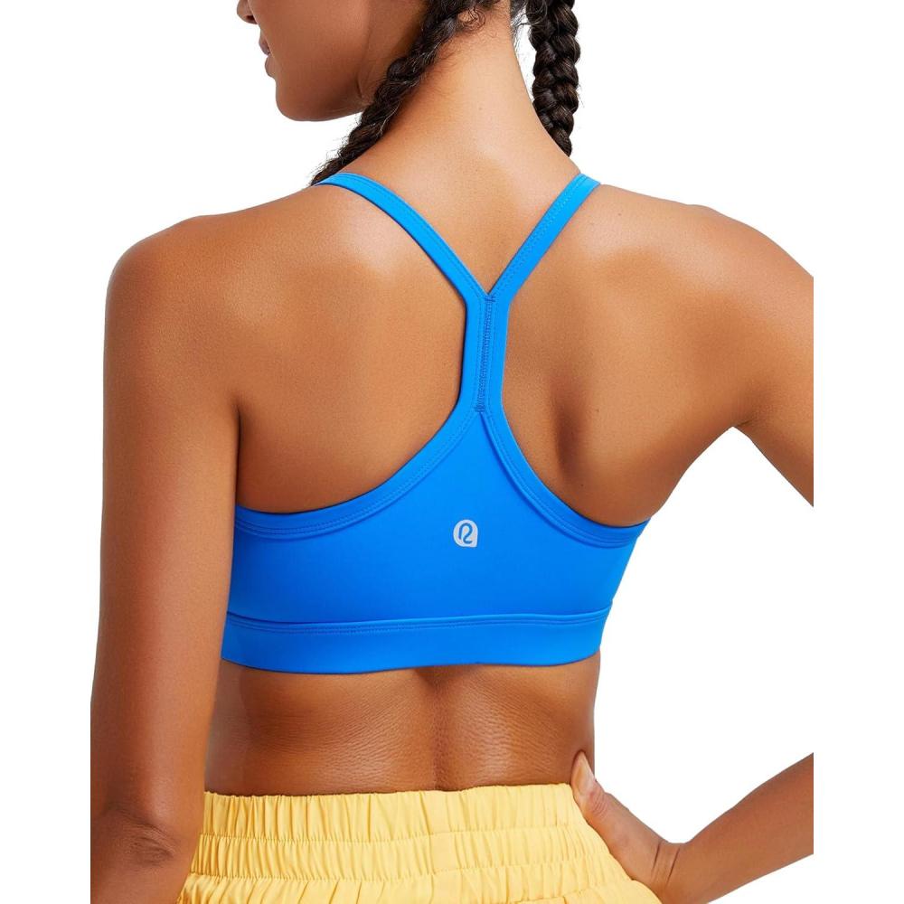 imageRUNNING GIRL Sports Bra for Women Ruched V Neck Y Back Spaghetti Thin Strap Wireless Padded Medium Support Yoga Crop TopWX3094BlueS