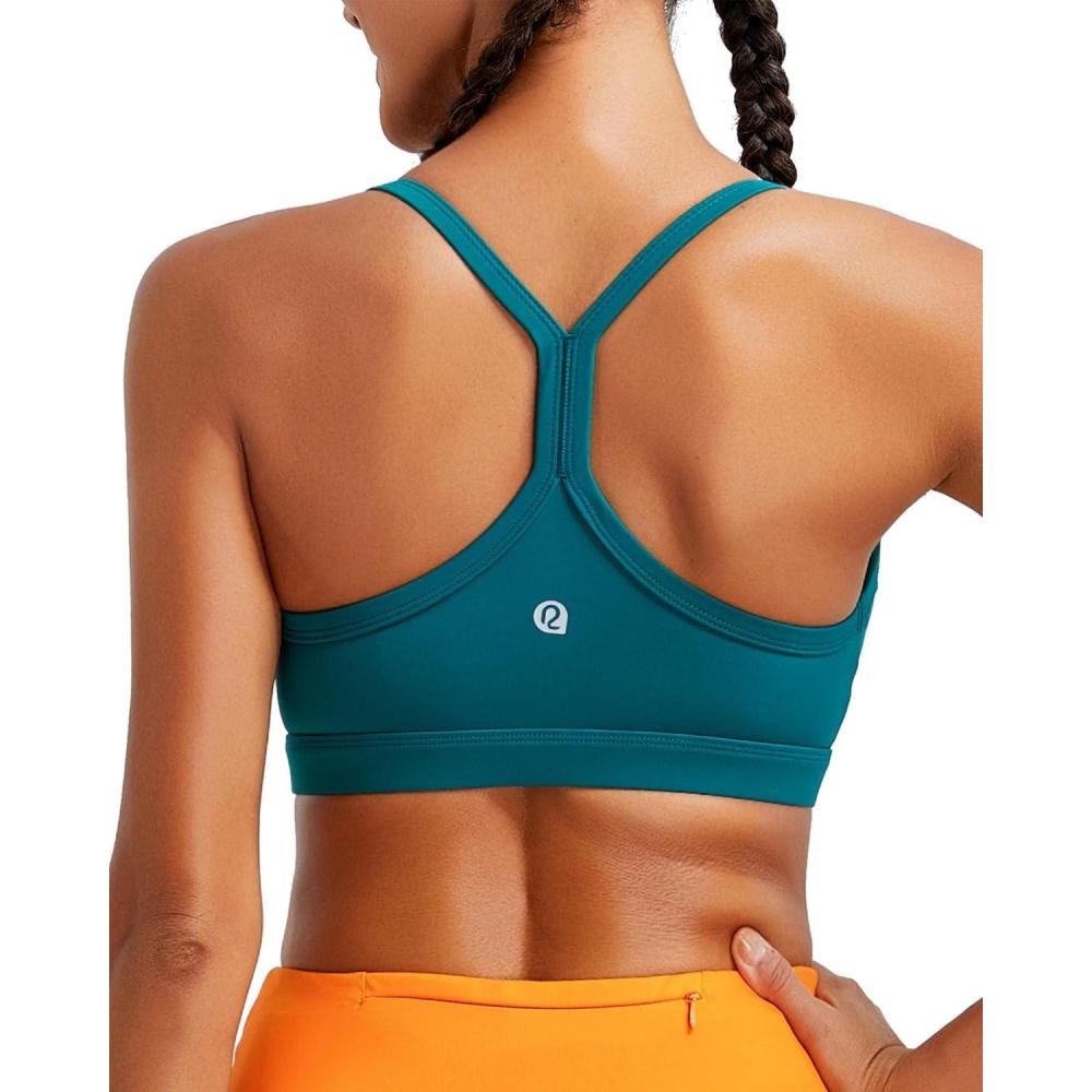 imageRUNNING GIRL Sports Bra for Women Ruched V Neck  Y Back Spaghetti Thin Strap Wireless Padded Medium Support Yoga Crop TopWX3094Dark GreenS