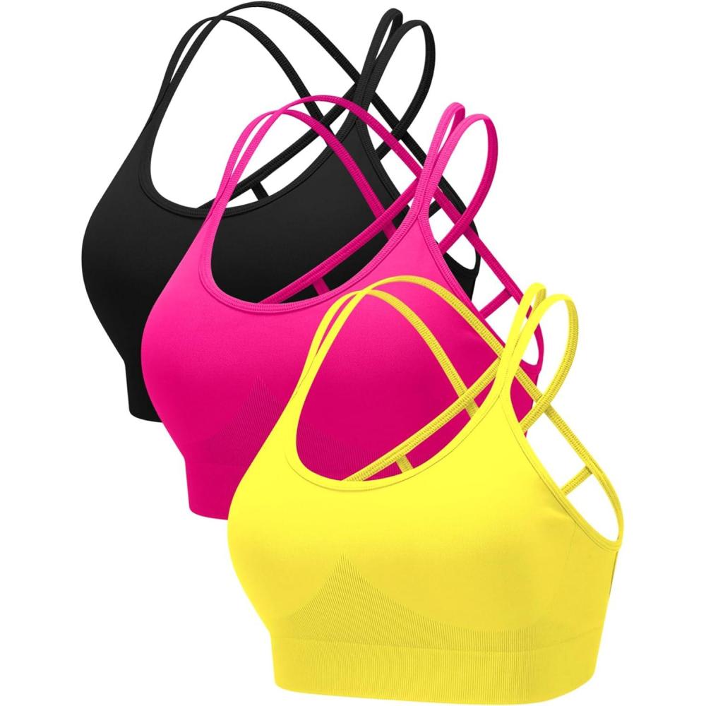 imageRUNNING GIRL Sports Bras for Women Pack Criss Cross Back Sexy Strappy Sports Bra Seamless Padded Yoga Bra with Removable Cups3pack BlackYellowHotpink